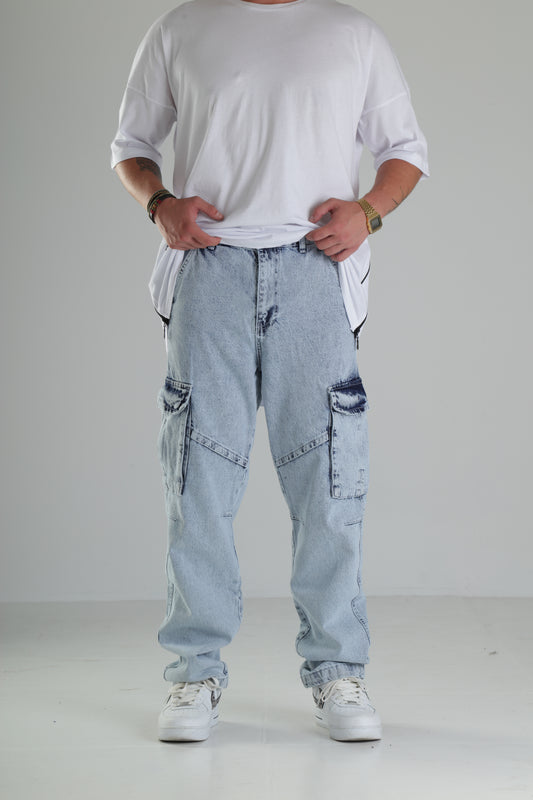 Açık Mavi Yıkamalı Kargo Pantolon