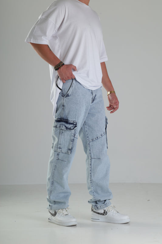 Açık Mavi Yıkamalı Kargo Pantolon