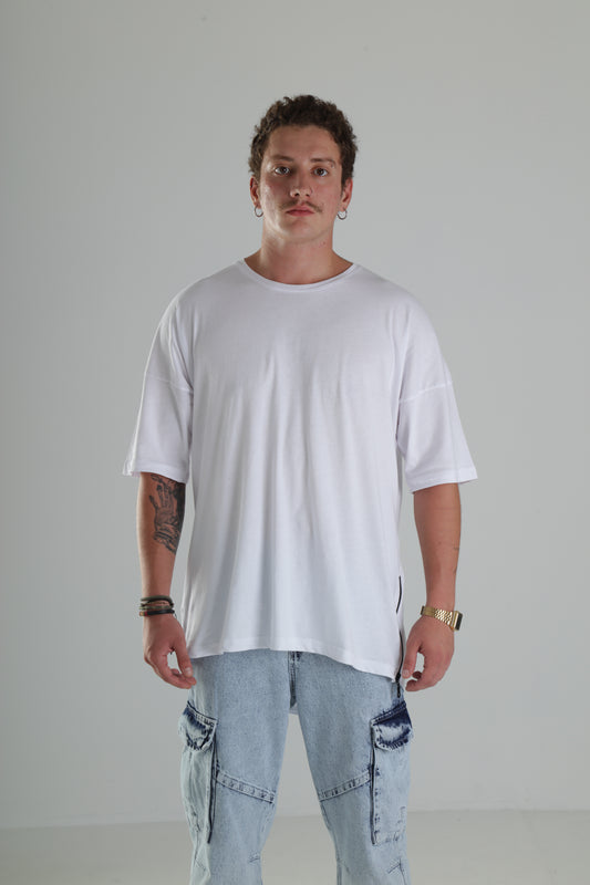 Yan Fermuar Detaylı Oversize T-Shirt - Beyaz