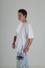 Yan Fermuar Detaylı Oversize T-Shirt - Beyaz