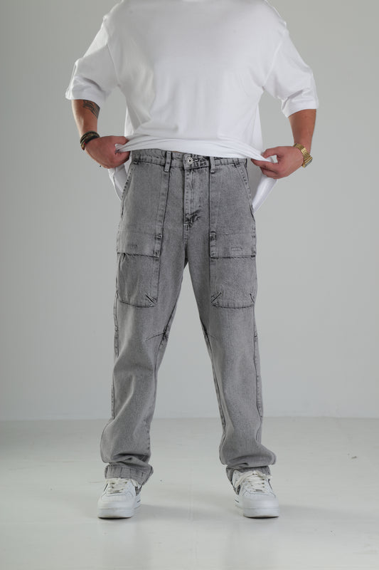 Açık Gri Düz Paça Kargo Pantolon