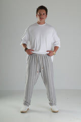 Gri Çizgili Keten Müslin Baggy Pantolon - Premium