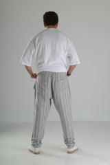 Gri Çizgili Keten Müslin Baggy Pantolon - Premium