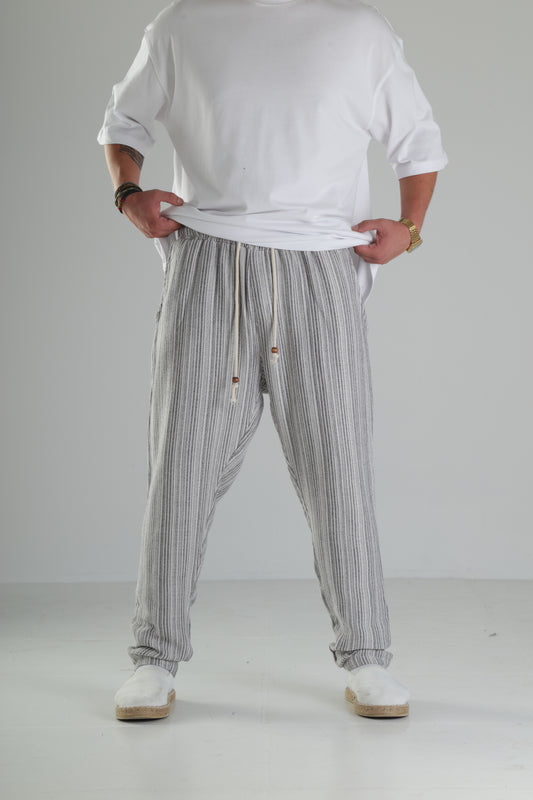 Gri Çizgili Keten Müslin Baggy Pantolon - Premium