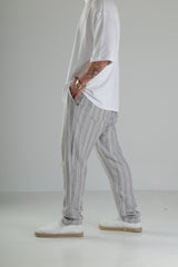 Gri Çizgili Keten Müslin Baggy Pantolon - Premium