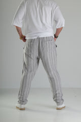 Gri Çizgili Keten Müslin Baggy Pantolon - Premium