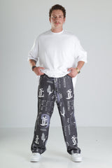 Japon Turna Desen Siyah Baggy Pantolon