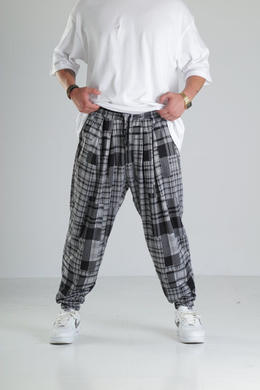 Gri Kare Desenli Paça Lastikli Jogger Pantolon