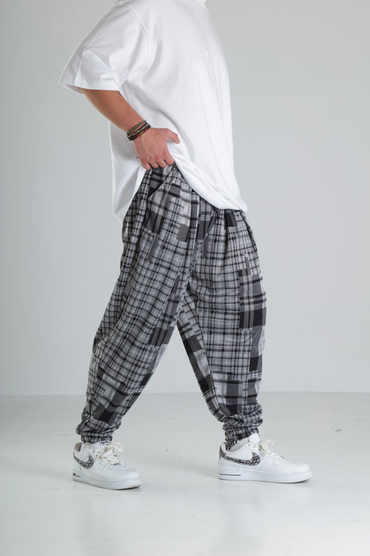 Gri Kare Desenli Paça Lastikli Jogger Pantolon