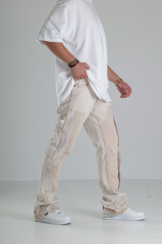 Bej Renk Yırtık Detaylı Baggy Jean Pantolon