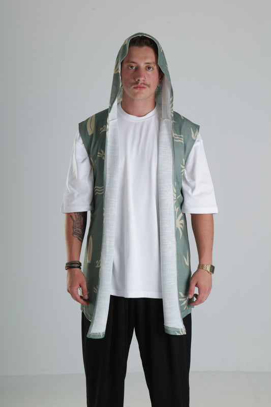 Kapüşonlu Desenli Yelek - Yeşil