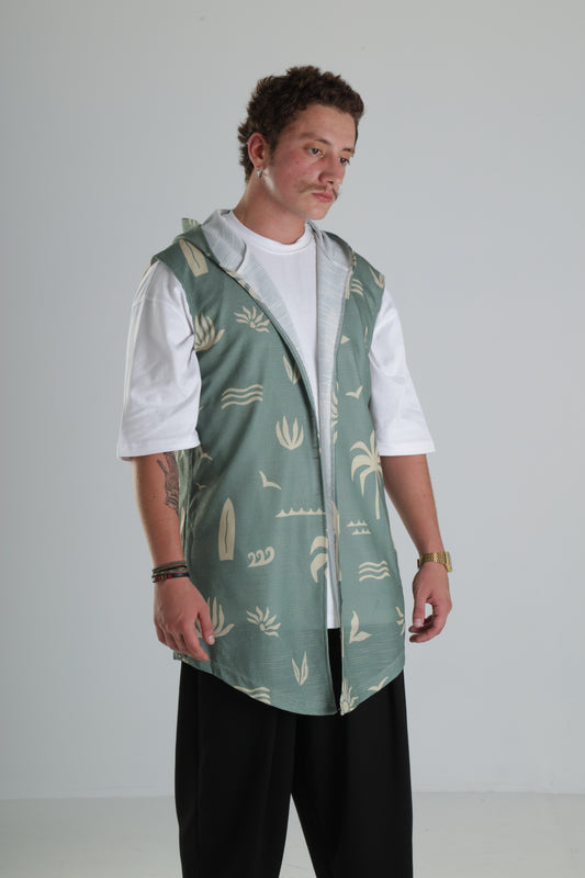 Kapüşonlu Desenli Yelek - Yeşil