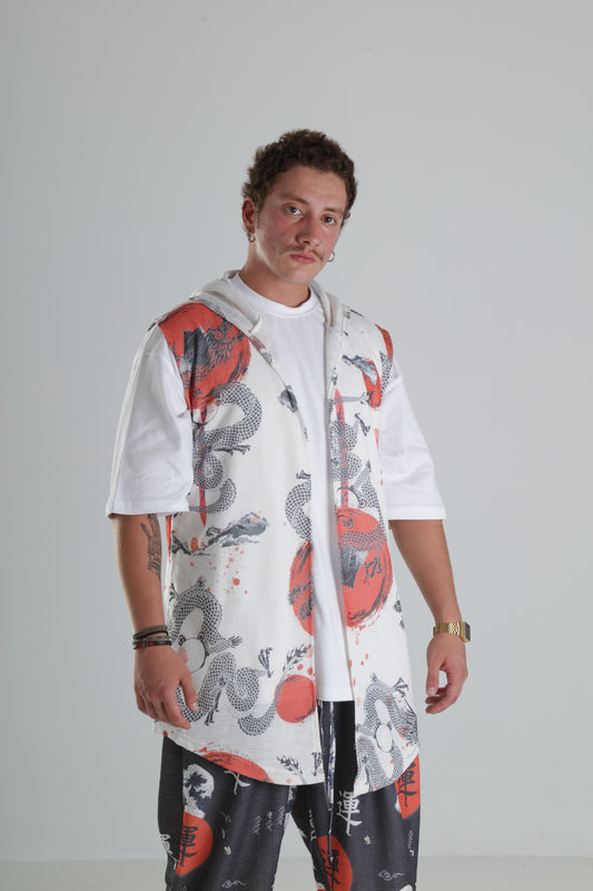 Ejderha Desenli Kapüşonlu Yelek