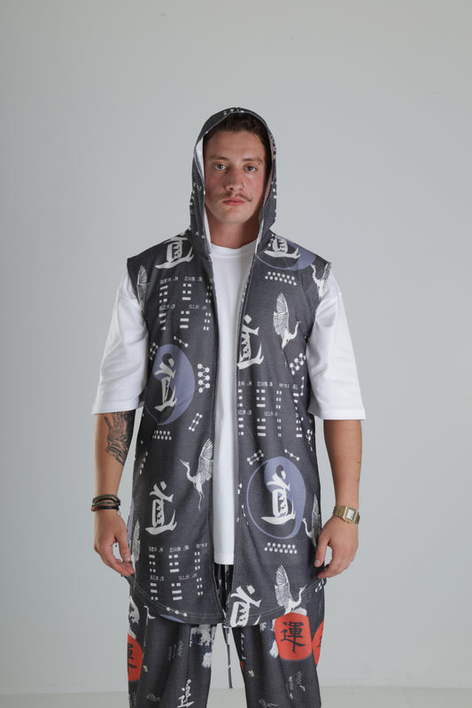 Japon Desenli Kapüşonlu Yelek - Siyah