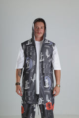 Japon Desenli Kapüşonlu Yelek - Siyah