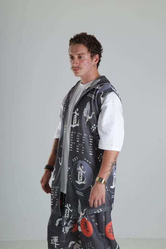 Japon Desenli Kapüşonlu Yelek - Siyah