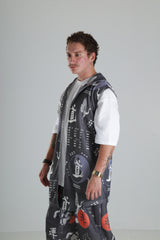 Japon Desenli Kapüşonlu Yelek - Siyah