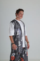 Japon Desenli Kapüşonlu Yelek - Siyah