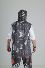 Japon Desenli Kapüşonlu Yelek - Siyah