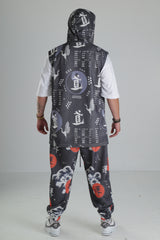 Japon Desenli Kapüşonlu Yelek - Siyah