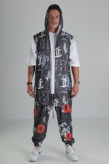 Japon Desenli Kapüşonlu Yelek - Siyah