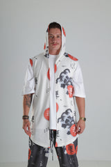Beyaz Üzeri Ejderha ve Japon Motifli - Kapüşonlu Yelek