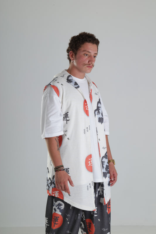 Beyaz Üzeri Ejderha ve Japon Motifli - Kapüşonlu Yelek