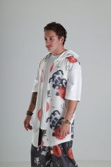 Beyaz Üzeri Ejderha ve Japon Motifli - Kapüşonlu Yelek