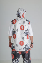 Beyaz Üzeri Ejderha ve Japon Motifli - Kapüşonlu Yelek