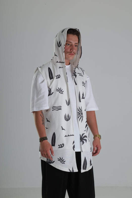 Palmiye Desenli Kapüşonlu Yelek – Beyaz