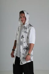 Palmiye Desenli Kapüşonlu Yelek – Beyaz