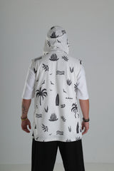 Palmiye Desenli Kapüşonlu Yelek – Beyaz