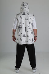Palmiye Desenli Kapüşonlu Yelek – Beyaz
