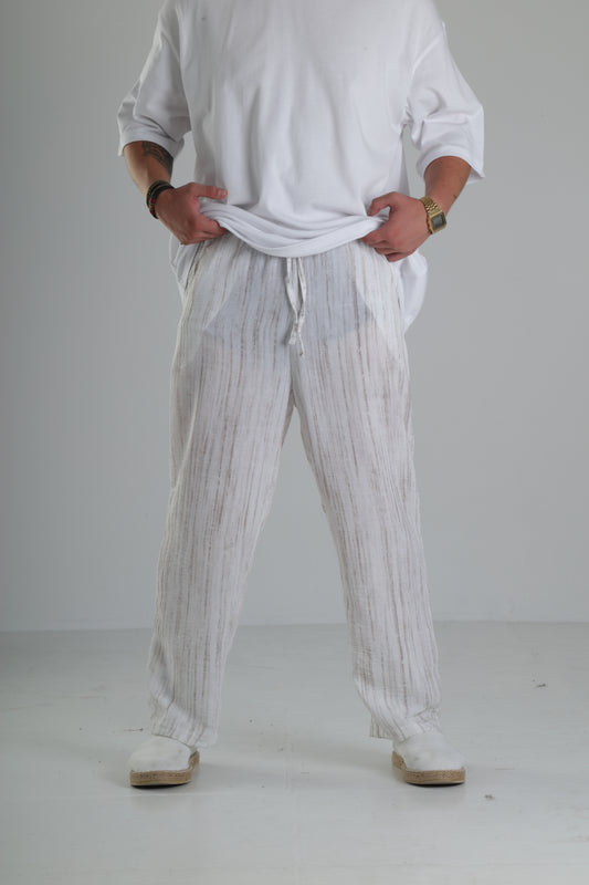 Beyaz Çizgili Keten Müslin Pantolon