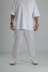 Beyaz Çizgili Keten Müslin Pantolon