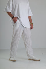 Beyaz Çizgili Keten Müslin Pantolon