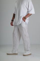 Beyaz Çizgili Keten Müslin Pantolon