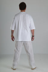 Beyaz Çizgili Keten Müslin Pantolon