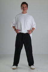 Siyah Çizgili Keten Müslin Pantolon