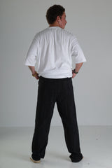 Siyah Çizgili Keten Müslin Pantolon