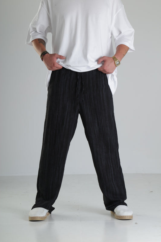 Siyah Çizgili Keten Müslin Pantolon