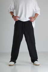 Siyah Çizgili Keten Müslin Pantolon