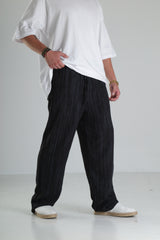 Siyah Çizgili Keten Müslin Pantolon