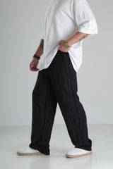 Siyah Çizgili Keten Müslin Pantolon