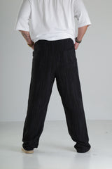 Siyah Çizgili Keten Müslin Pantolon