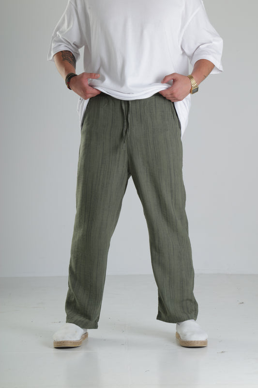 Haki Çizgili Keten Müslin Pantolon