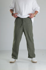 Haki Çizgili Keten Müslin Pantolon