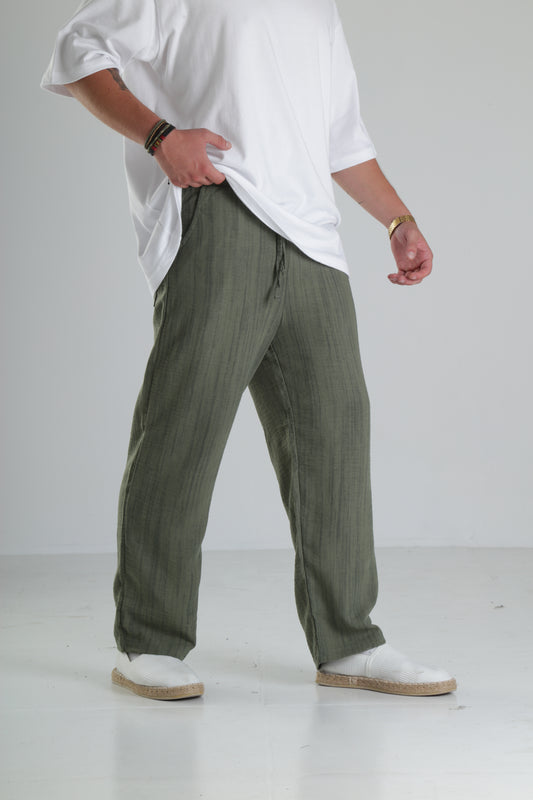 Haki Çizgili Keten Müslin Pantolon