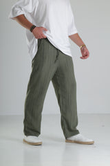 Haki Çizgili Keten Müslin Pantolon