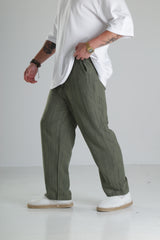 Haki Çizgili Keten Müslin Pantolon